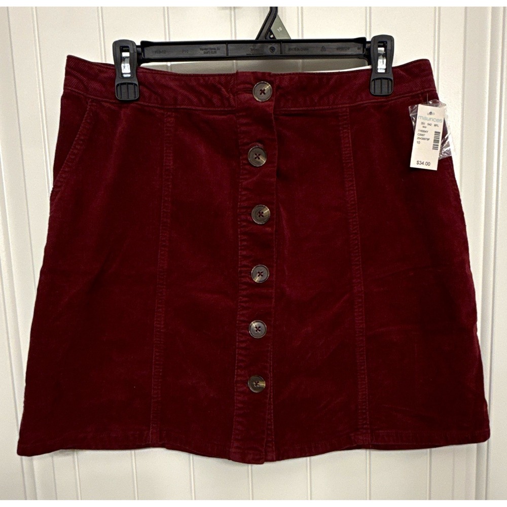 maurices Women Size 10 Burgundy Corduroy Button Front A-Line Short Skirt NWT